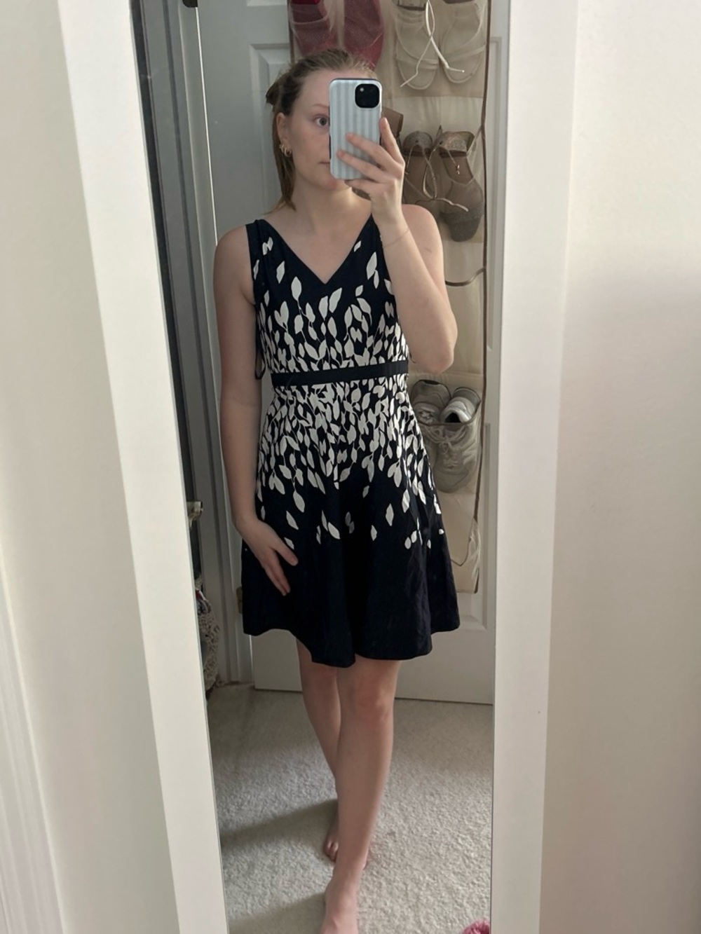 LOFT Navy and White V-Neck Printed Sleeveless Mini Dress